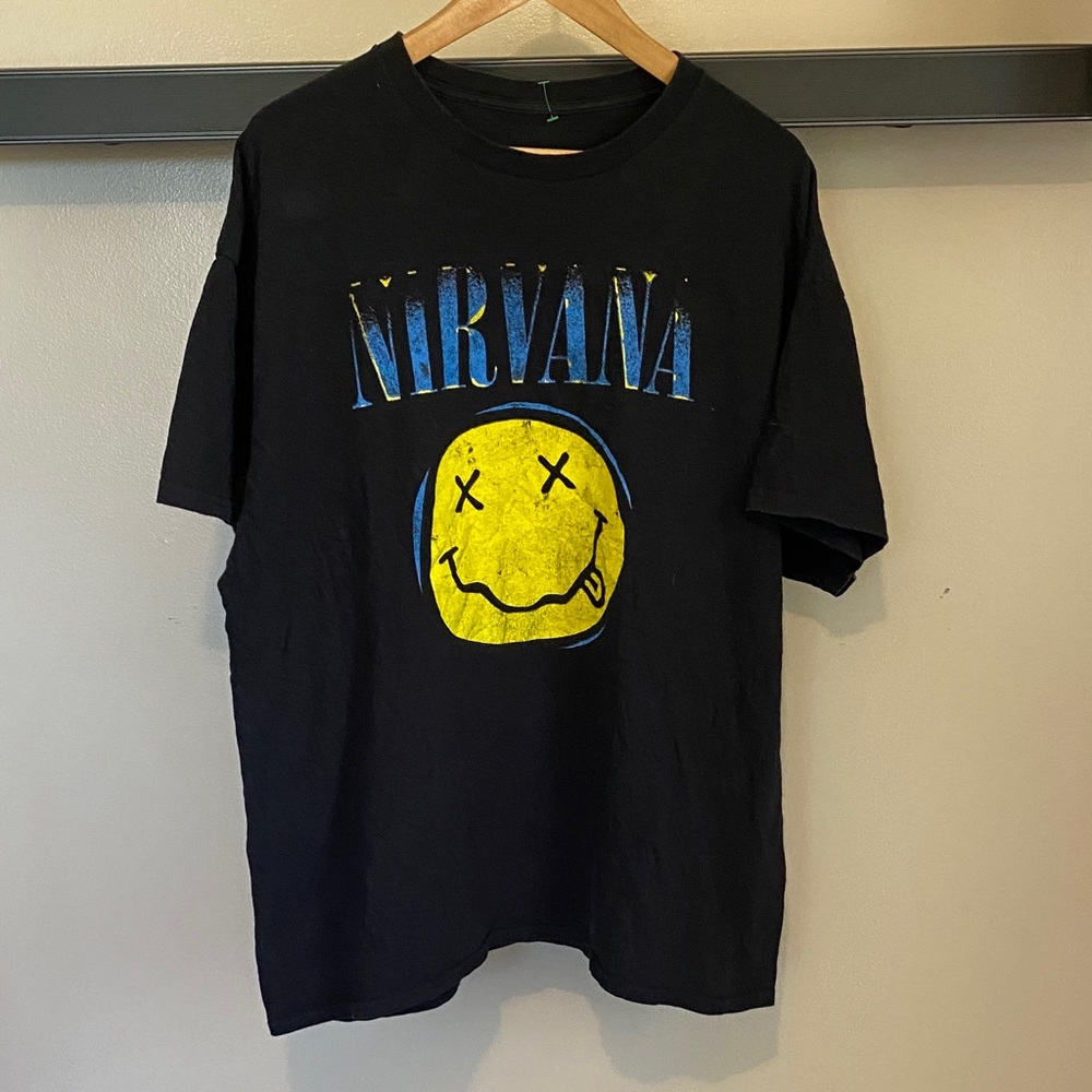NIRVANA Black Tee with Blue and Yellow Graphic